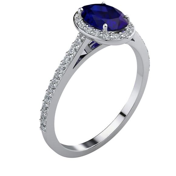 1 1/2 Carat Oval Created Sapphire & Diamond Halo Ring in Sterling Silver - Picture 4 of 6
